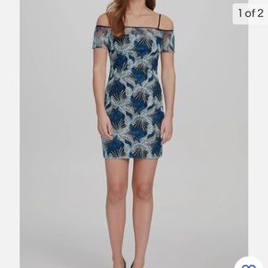 NWT GUESS BLUE / BLACK / SILVER MID-THIGH DRESS, OFF SHOULDER